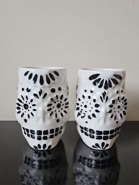 Pottery Barn Peubla Sugar Skull Cantarito Jars with Black Accents - Set of 2